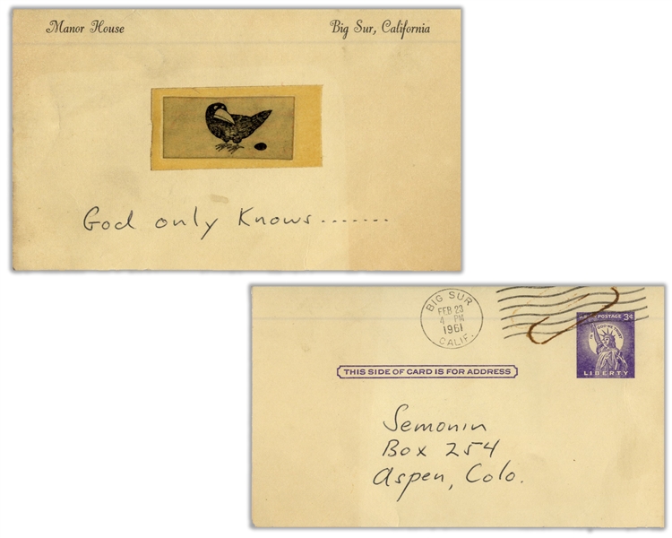 Playful Hunter S. Thompson 1961 Postcard From Big Sur Proclaiming, ''God only Knows......''